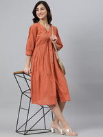 Thumbnail for Janasya Women's Coral Orange Cotton Solid Flared Western Dress - Distacart