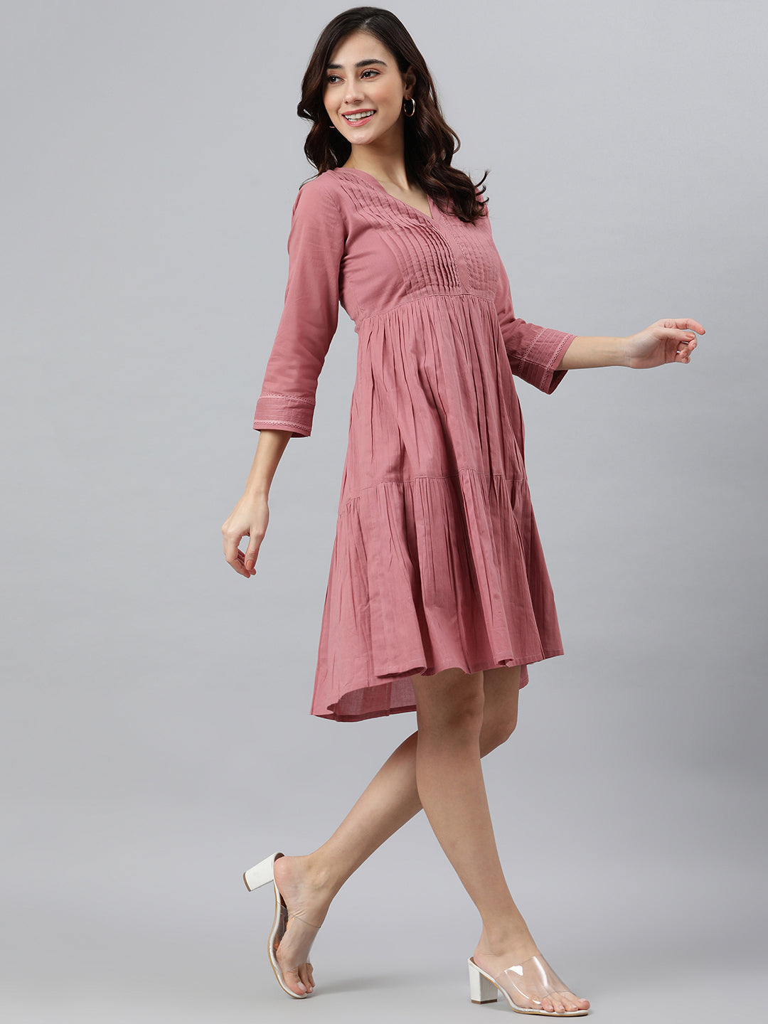 Buy Janasya Women's Coral Pink Cotton Solid Flared Western Dress Online at  Best Price | Distacart