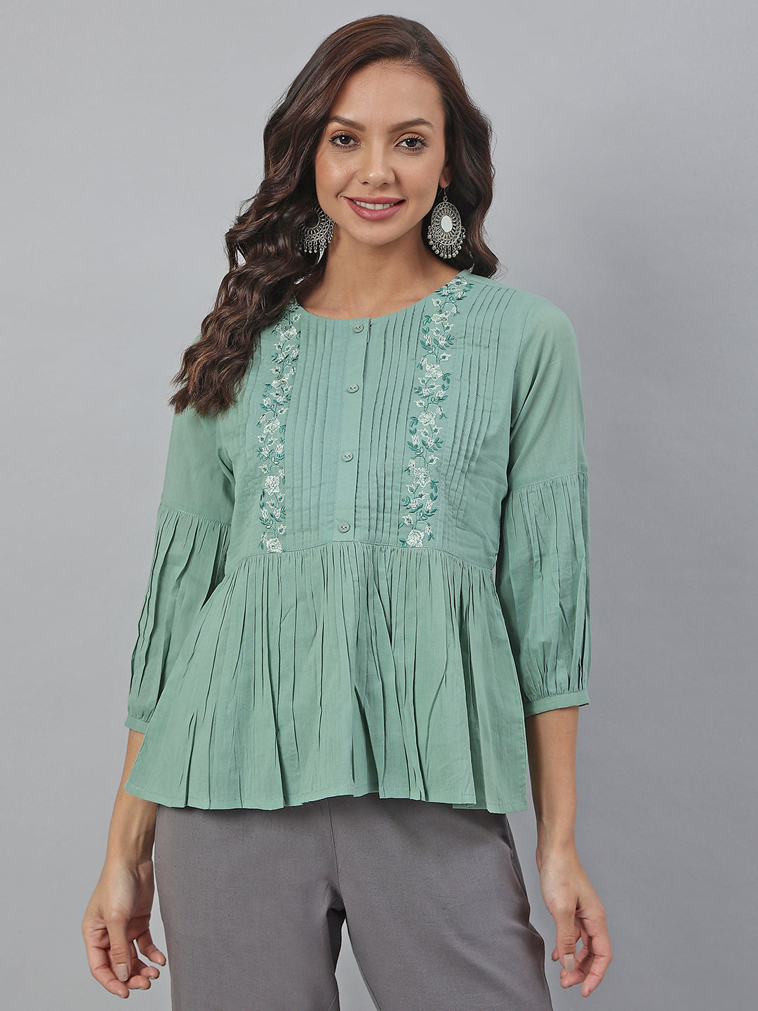 Janasya Women's Sea Green Cotton Embroidered A-Line Top - Distacart