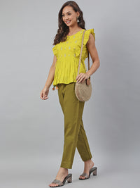 Thumbnail for Janasya Women's Yellow Cotton Embroidered Peplum Top - Distacart