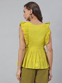 Thumbnail for Janasya Women's Yellow Cotton Embroidered Peplum Top - Distacart