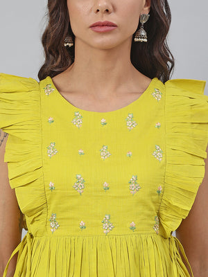 Janasya Women's Yellow Cotton Embroidered Peplum Top - Distacart
