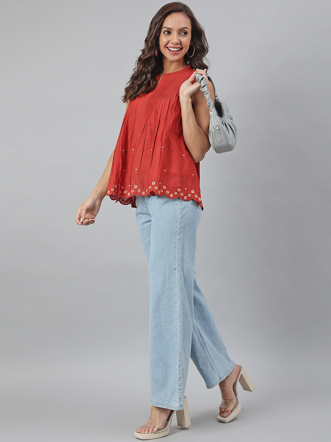 Janasya Women's Maroon Cotton Embroidered A-Line Top - Distacart