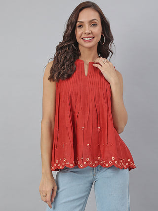 Janasya Women's Maroon Cotton Embroidered A-Line Top - Distacart