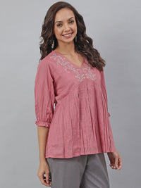 Thumbnail for Janasya Women's Pink Cotton Embroidered Fit and Flared Top - Distacart