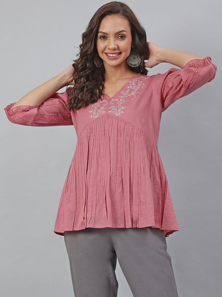 Janasya Women's Pink Cotton Embroidered Fit and Flared Top - Distacart