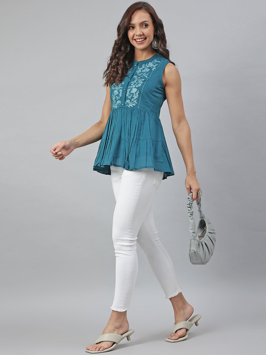 Janasya Women's Teal Cotton Embroidered Flared Top - Distacart