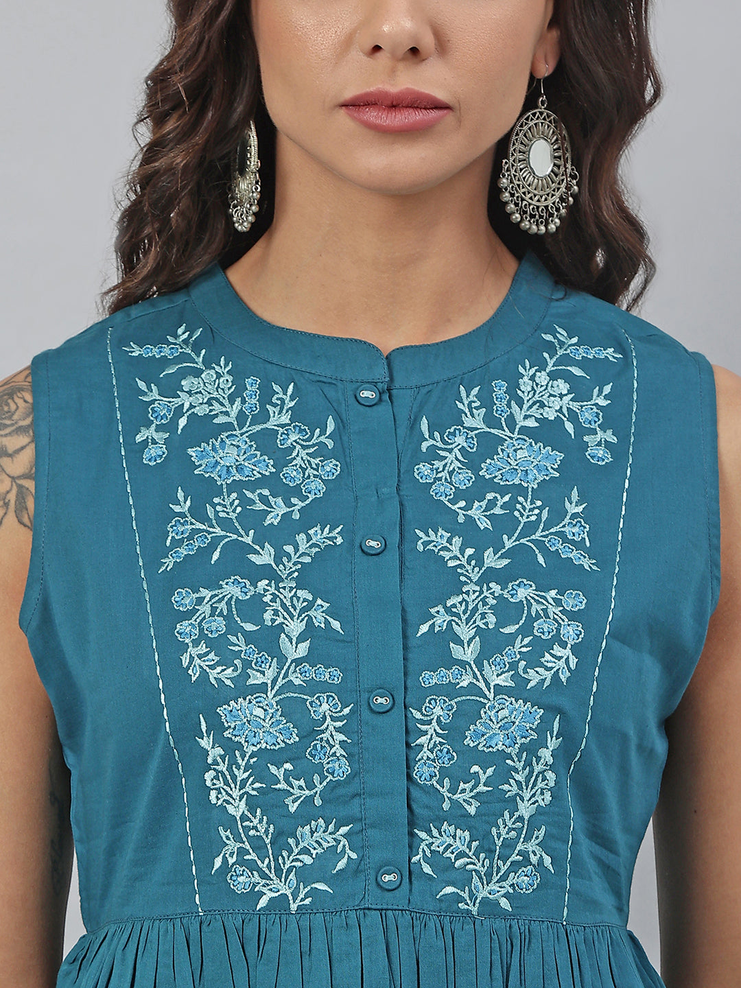 Janasya Women's Teal Cotton Embroidered Flared Top - Distacart