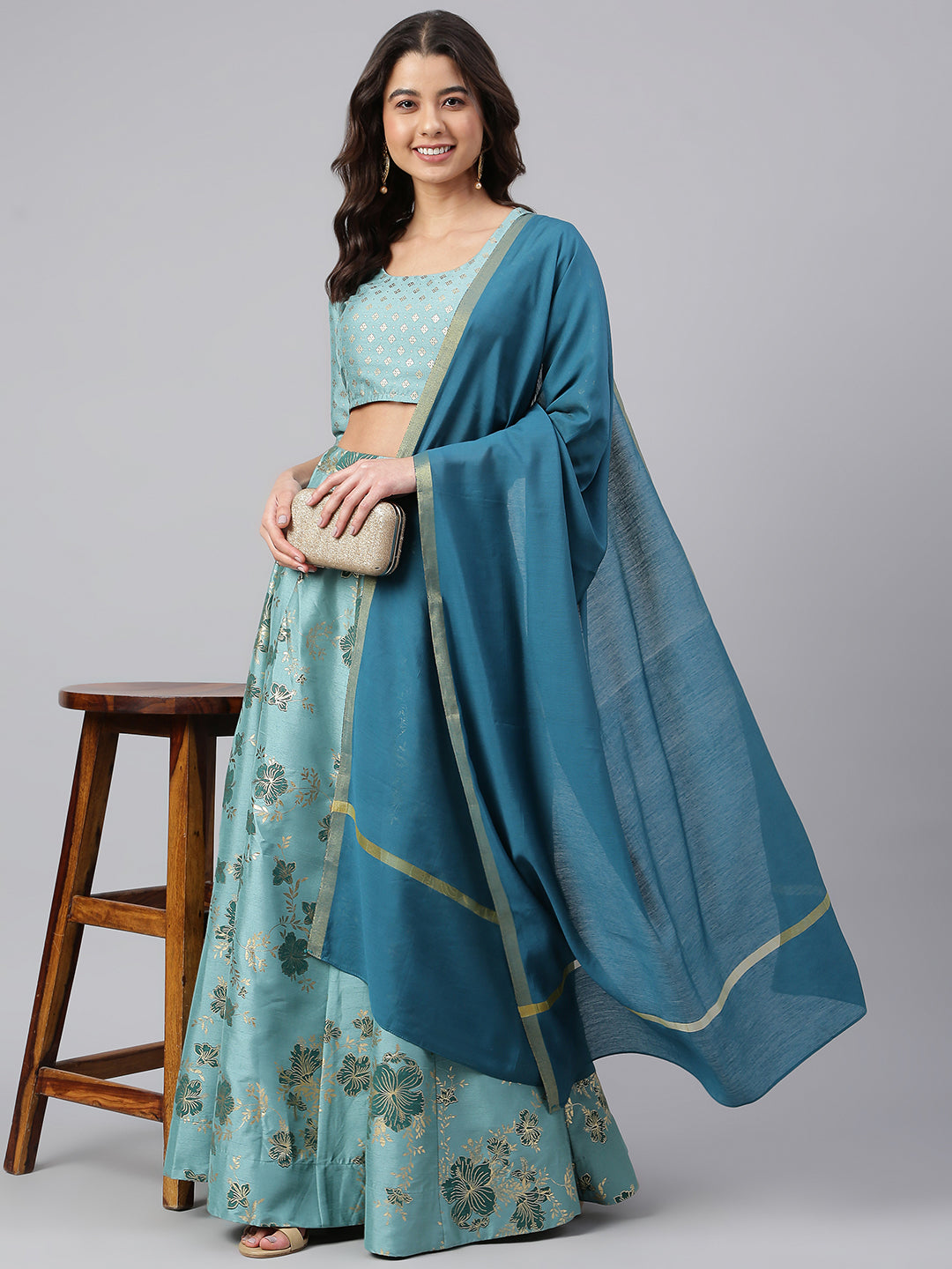 Janasya Women's Sea Green Poly Silk Gold Print Lehenga Choli With Dupatta - Distacart