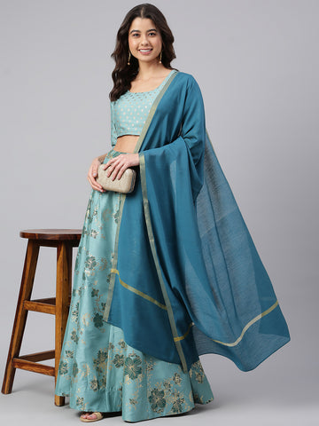 Janasya Women's Sea Green Poly Silk Gold Print Lehenga Choli With Dupatta - Distacart