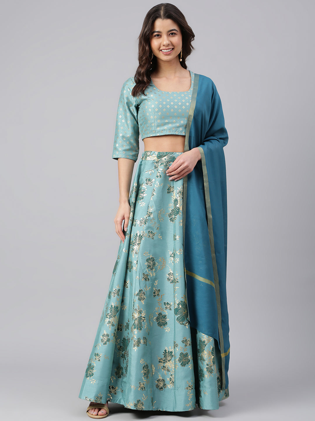Janasya Women's Sea Green Poly Silk Gold Print Lehenga Choli With Dupatta - Distacart