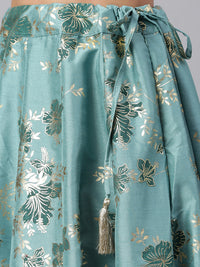 Thumbnail for Janasya Women's Sea Green Poly Silk Gold Print Lehenga Choli With Dupatta - Distacart