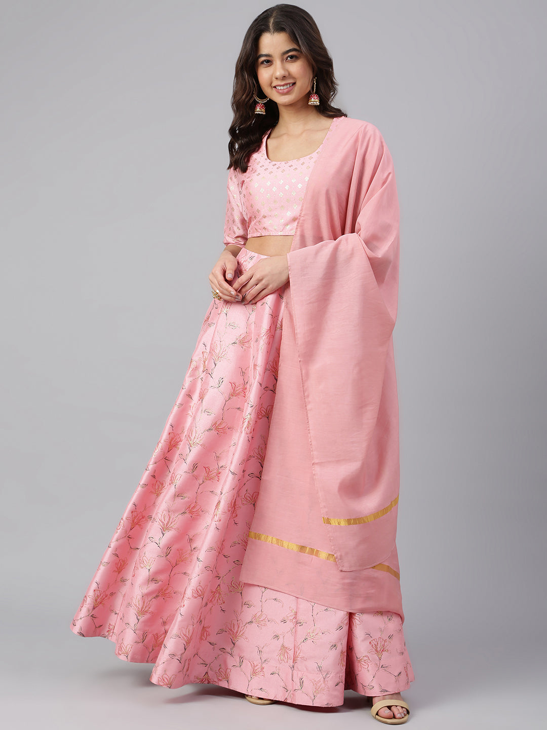 Janasya Women's Pink Poly Silk Gold Print Lehenga Choli With Dupatta - Distacart