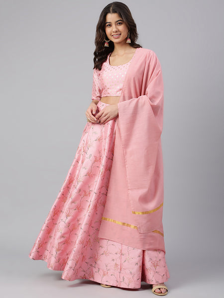 Janasya Women's Pink Poly Silk Gold Print Lehenga Choli With Dupatta - Distacart