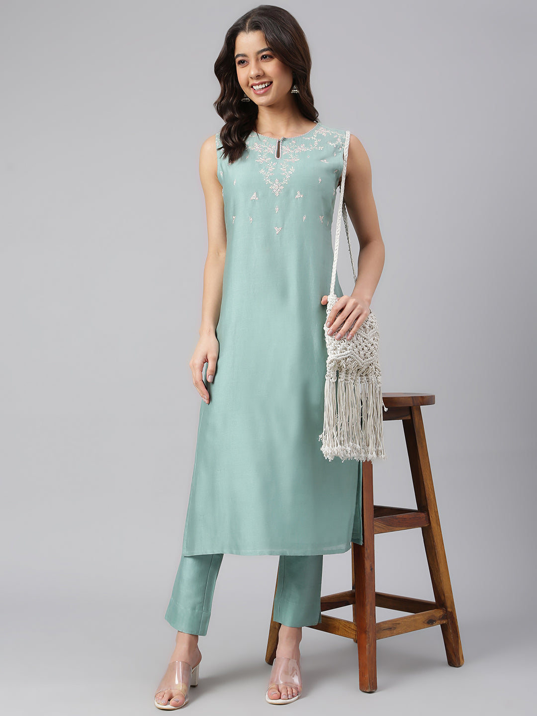 Janasya Women's Sea Green Chanderi Silk Solid Kurta With Pant - Distacart