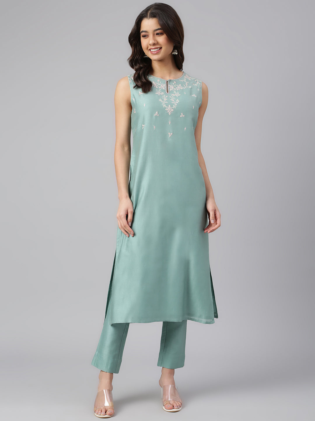 Janasya Women's Sea Green Chanderi Silk Solid Kurta With Pant - Distacart