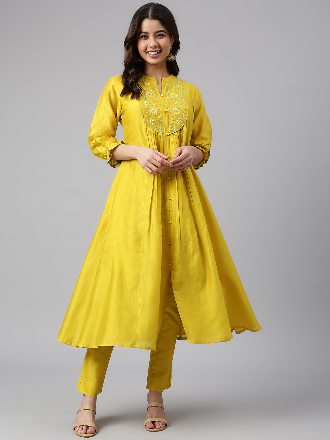 Janasya Women's Yellow Crepe Silk Solid Kurta With Pant - Distacart