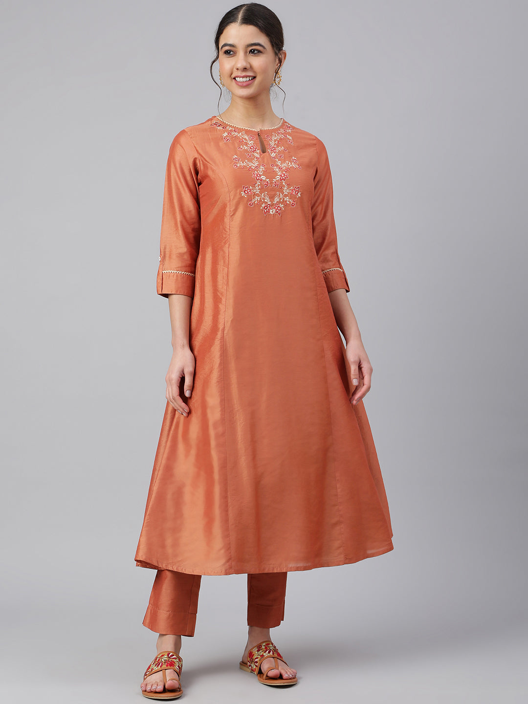 Janasya Women's Rust Orange Poly Silk Embroidered Kurta With Pant - Distacart