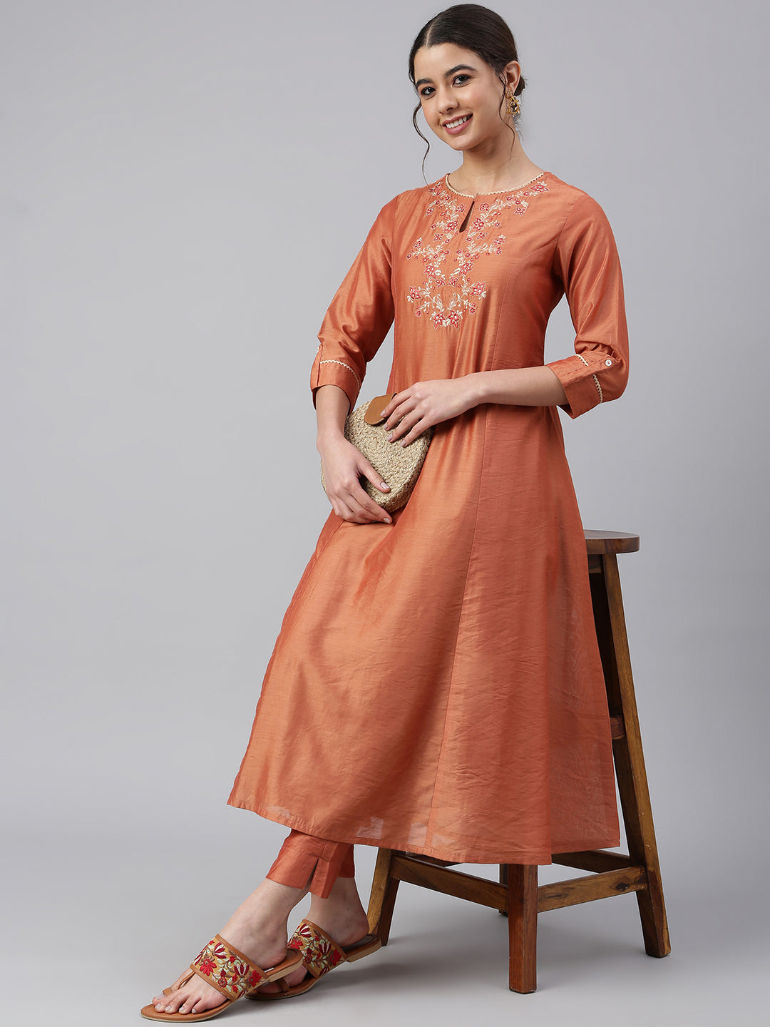 Janasya Women's Rust Orange Poly Silk Embroidered Kurta With Pant - Distacart