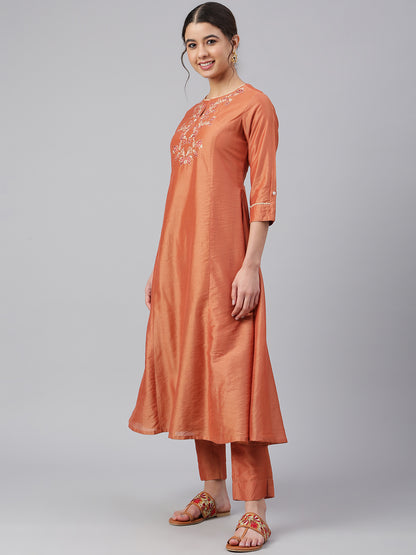 Janasya Women's Rust Orange Poly Silk Embroidered Kurta With Pant - Distacart
