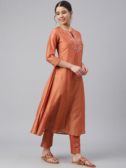 Janasya Women's Rust Orange Poly Silk Embroidered Kurta With Pant - Distacart