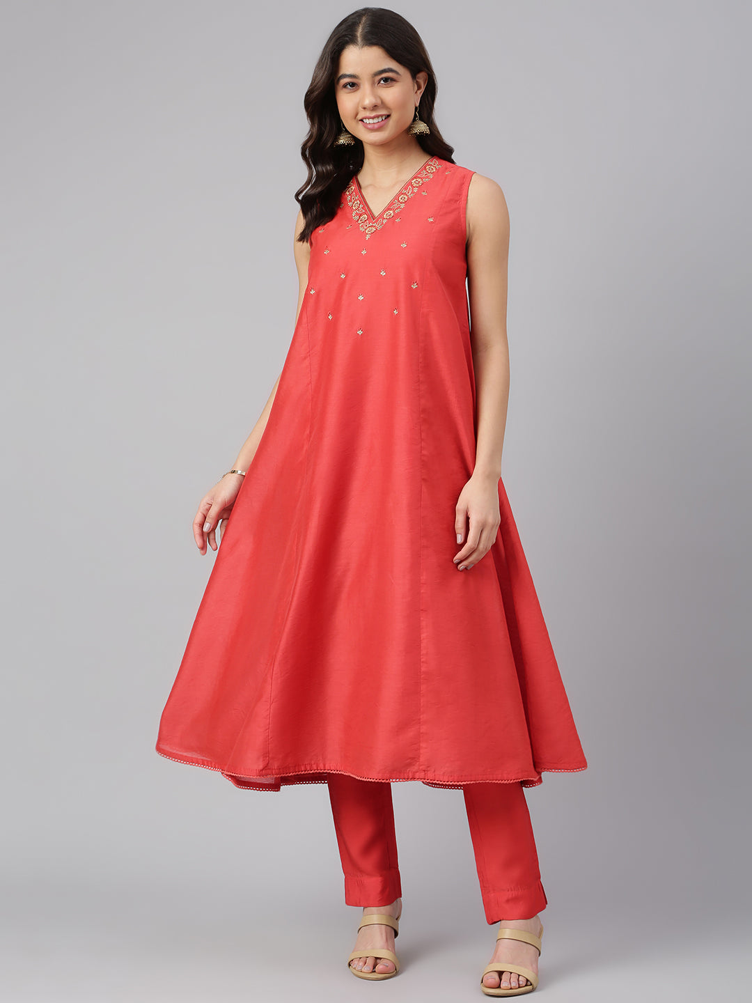 Janasya Women's Red Art Silk Solid Kurta With Pant - Distacart