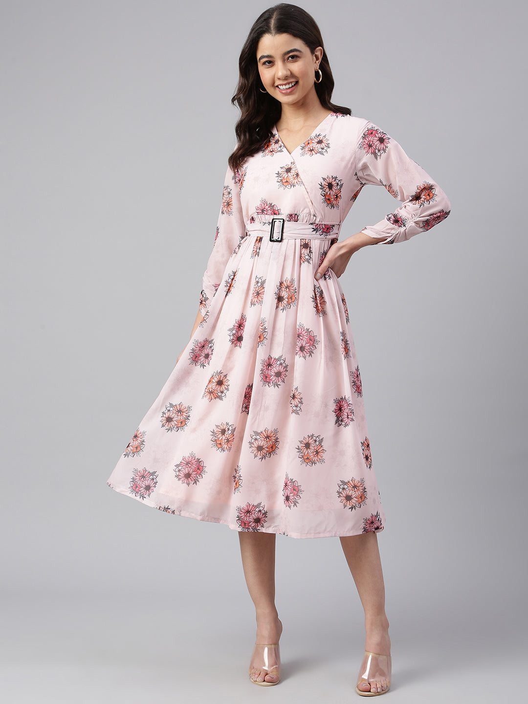 Janasya Women's Peach Georgette Floral Printed Flared Western Dress - Distacart