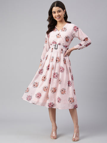 Janasya Women's Peach Georgette Floral Printed Flared Western Dress - Distacart