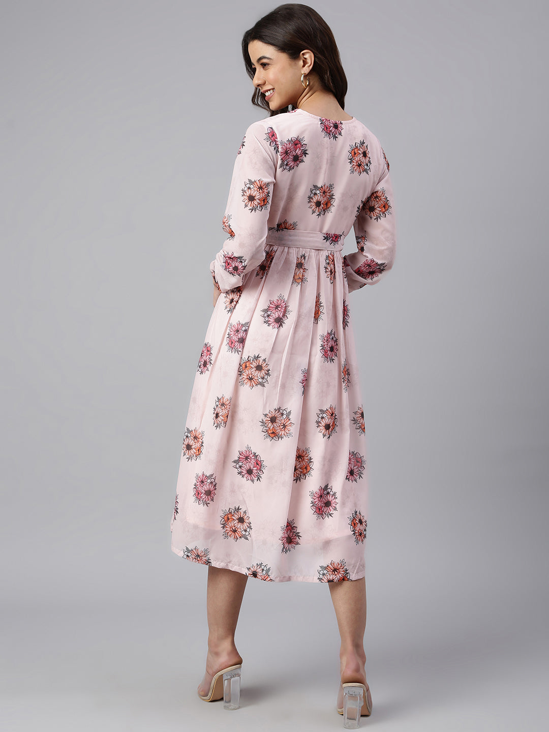 Janasya Women's Peach Georgette Floral Printed Flared Western Dress - Distacart