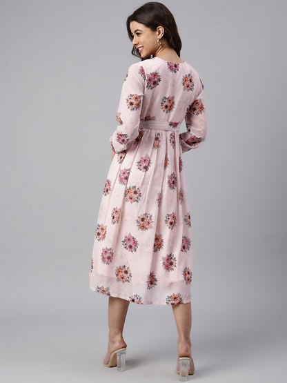 Janasya Women's Peach Georgette Floral Printed Flared Western Dress - Distacart