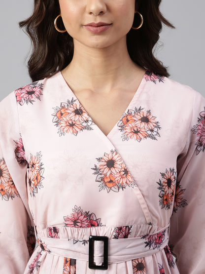 Janasya Women's Peach Georgette Floral Printed Flared Western Dress - Distacart