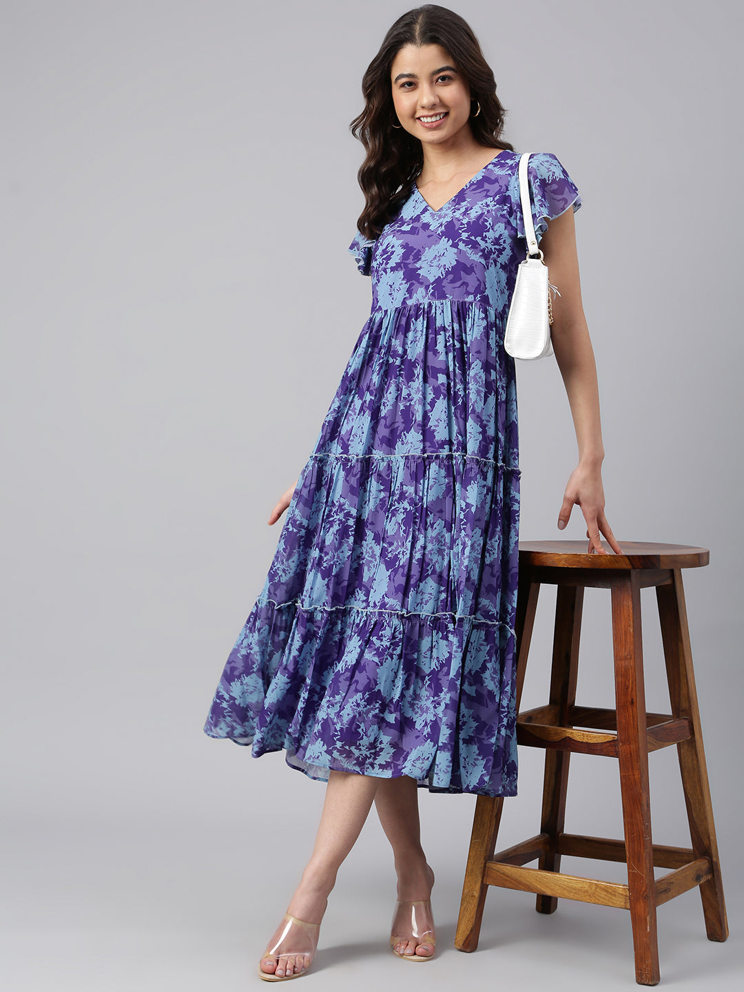 Janasya Women's Blue Georgette Printed Flared Western Dress - Distacart
