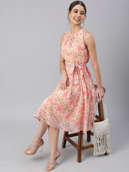 Janasya Women's Peach Georgette Floral Printed A-line Western Dress - Distacart