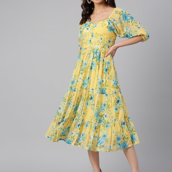 Janasya Women's Yellow Georgette Floral Printed Flared Western Dress - Distacart