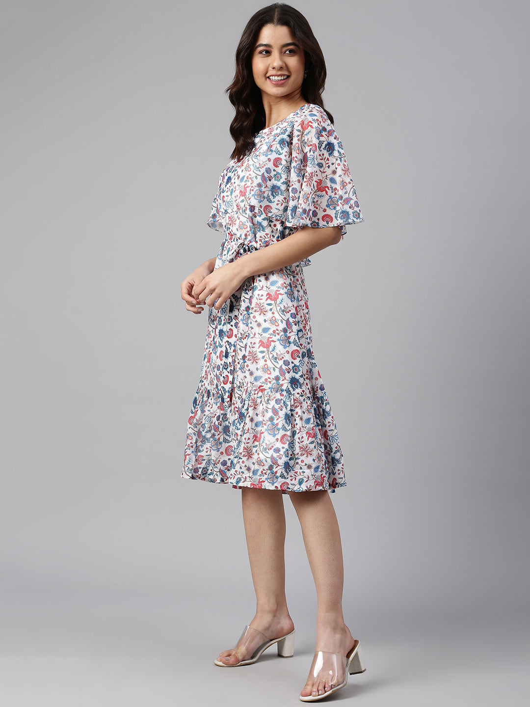 Janasya Women's White Georgette Floral Printed Flared Western Dress - Distacart