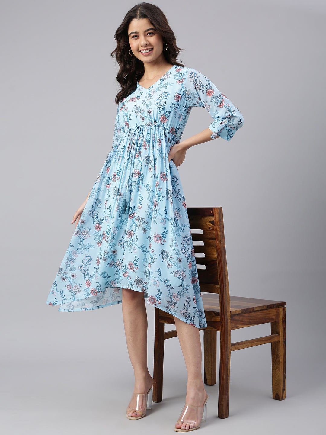 Janasya Women's Sky Blue Georgette Floral Printed Asymmetric Western Dress - Distacart