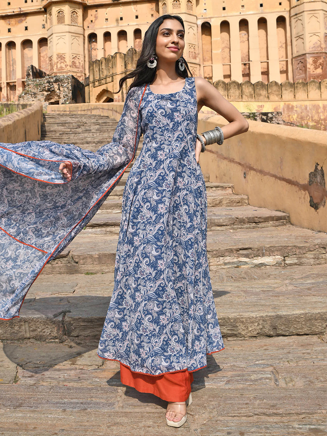 Janasya Women's Blue Georgette Floral Print Kurta With Flared Palazzo And Dupatta - Distacart