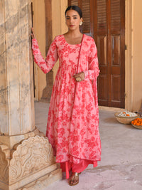 Thumbnail for Janasya Women's Peach Georgette Floral Print Kurta With Flared Palazzo And Dupatta - Distacart