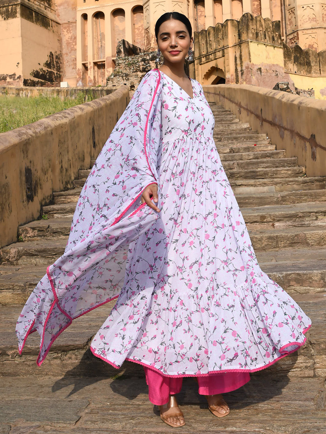 Janasya Women's White Georgette Floral Print Kurta With Flared Palazzo And Dupatta - Distacart