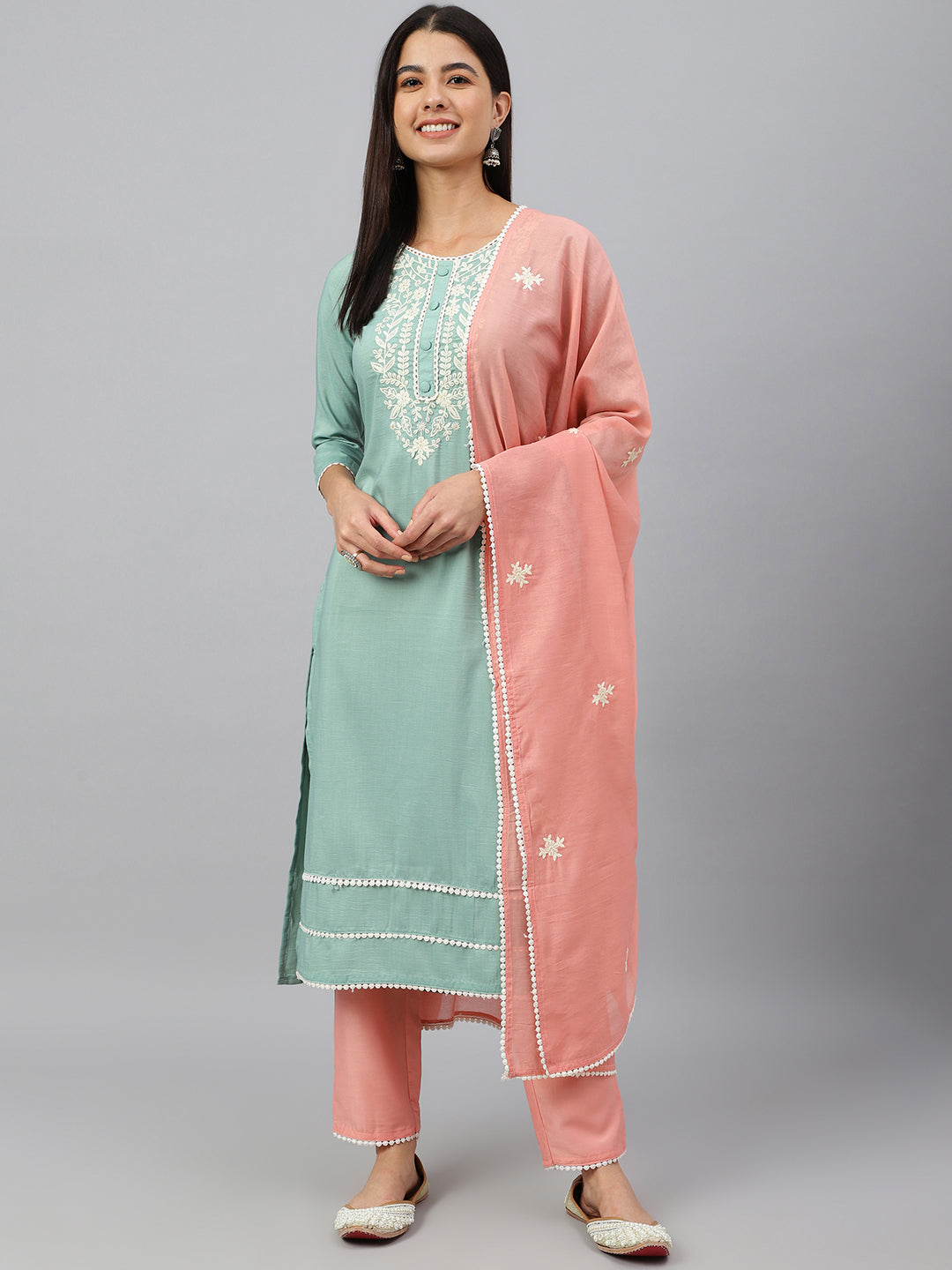 Janasya Women's Green Poly Silk Embroidered Kurta With Pant And Dupatta - Distacart