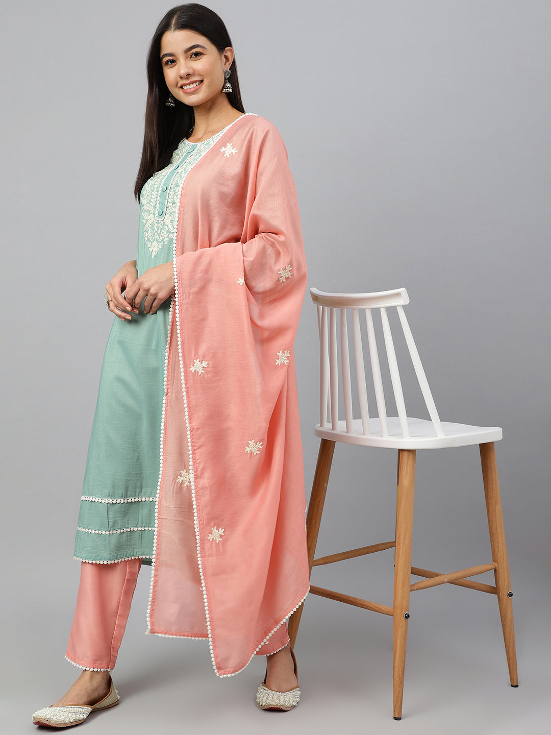 Janasya Women's Green Poly Silk Embroidered Kurta With Pant And Dupatta - Distacart