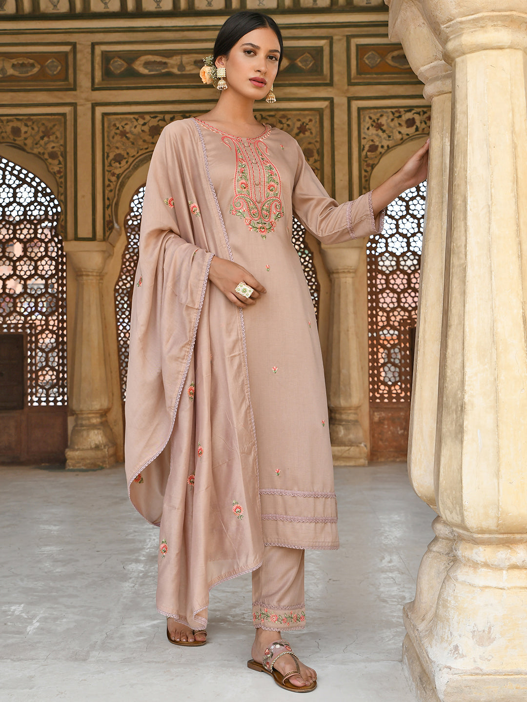 Janasya Women's Rose Gold Poly Silk Floral Embroidery Kurta With Pant And Dupatta - Distacart