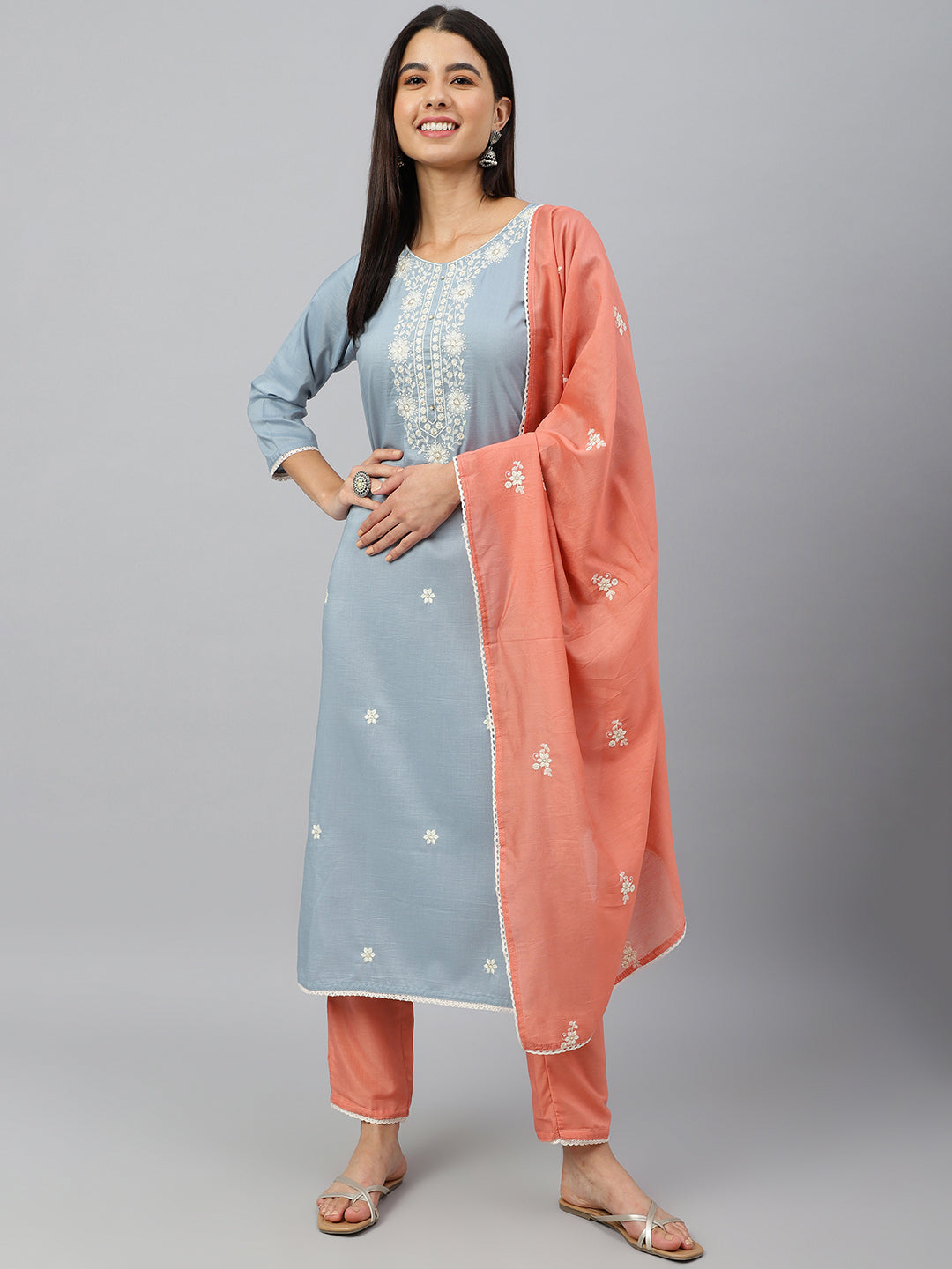 Janasya Women's Grey Poly Silk Floral Embroidery Kurta With Pant And Dupatta - Distacart