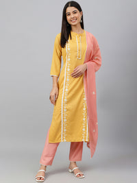 Thumbnail for Janasya Women's Mustard Poly Silk Floral Embroidery Kurta With Pant And Dupatta - Distacart