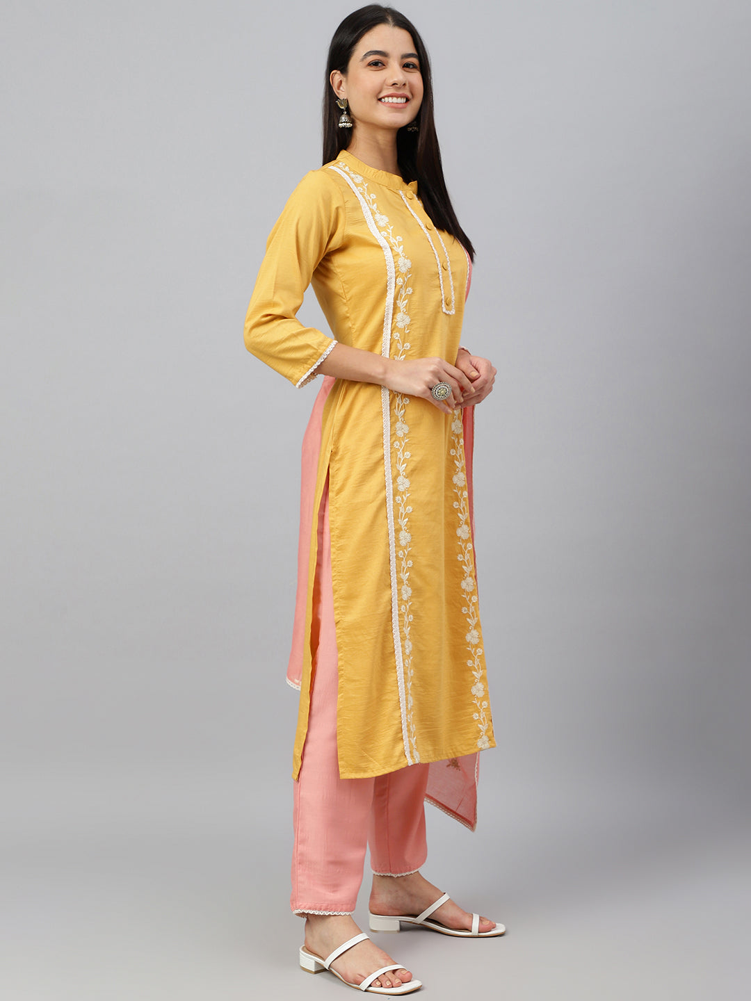 Janasya Women's Mustard Poly Silk Floral Embroidery Kurta With Pant And Dupatta - Distacart