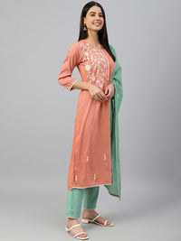 Thumbnail for Janasya Women's Coral Poly Silk Floral Embroidery Kurta With Pant And Dupatta - Distacart