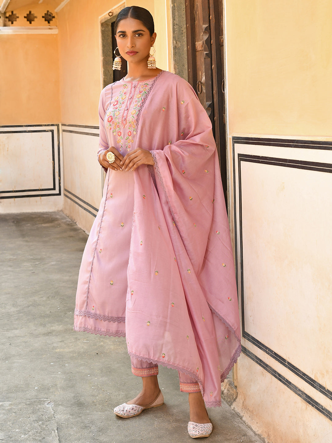 Janasya Women's Mauve Poly Silk Floral Embroidery Kurta With Pant And Dupatta - Distacart