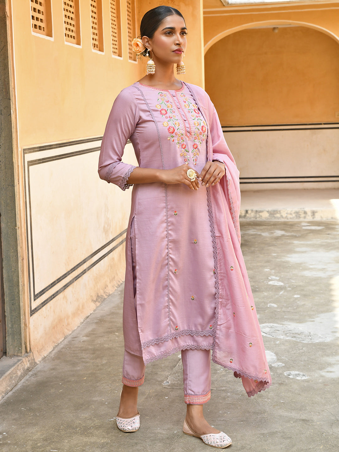 Janasya Women's Mauve Poly Silk Floral Embroidery Kurta With Pant And Dupatta - Distacart