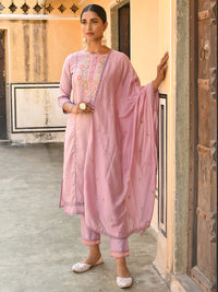 Thumbnail for Janasya Women's Mauve Poly Silk Floral Embroidery Kurta With Pant And Dupatta - Distacart