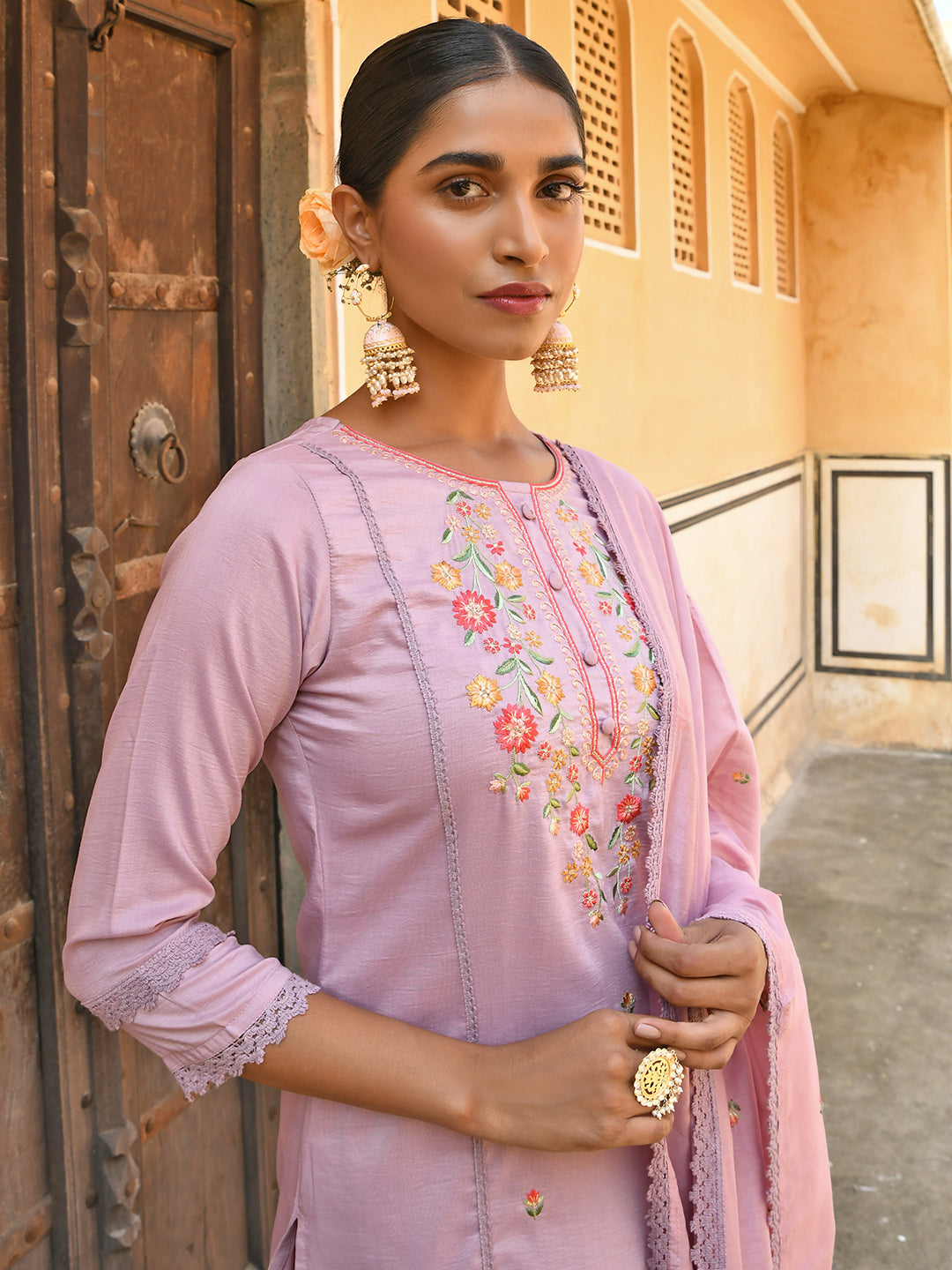 Janasya Women's Mauve Poly Silk Floral Embroidery Kurta With Pant And Dupatta - Distacart